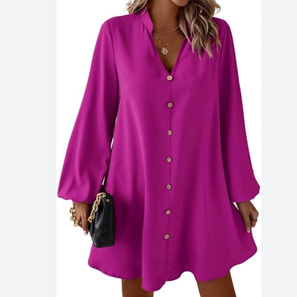 Mandarin Collar A-Line Dress L Magenta NWOT Bishop Sleeve Loose Fit Career